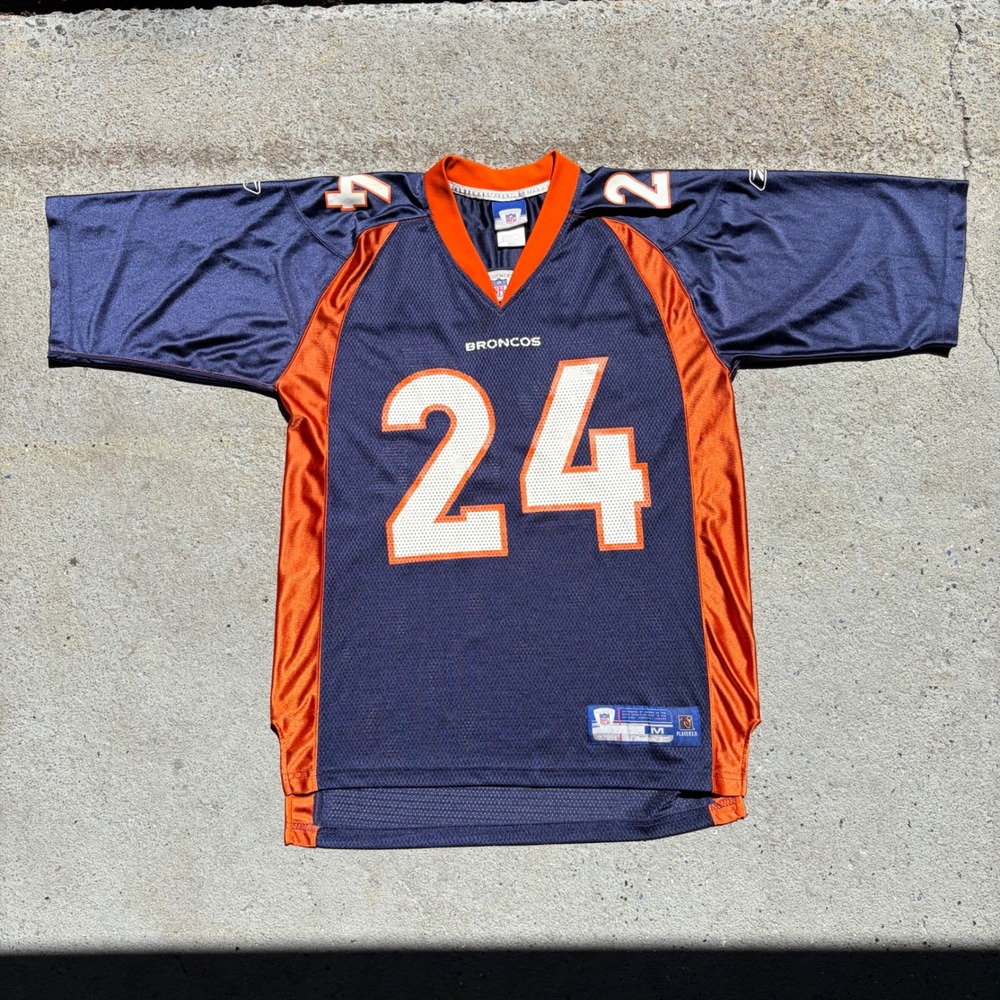 Reebok Denver Broncos Champ Bailey 24 NFL Jersey Navy Blue Orange Mens Medium